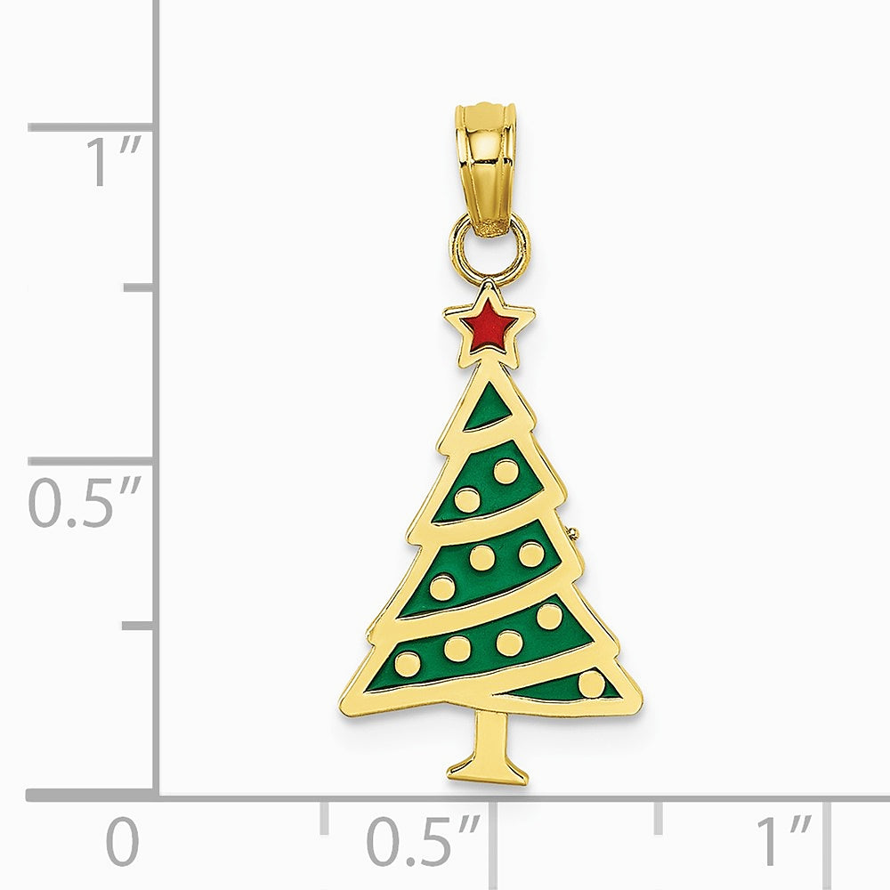 10K / 14K Yellow Gold Enamel Green Christmas Tree W/ Red Star Charm - Product Photo