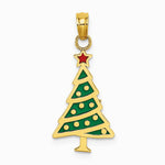 10K / 14K Yellow Gold Enamel Green Christmas Tree W/ Red Star Charm - Product Photo