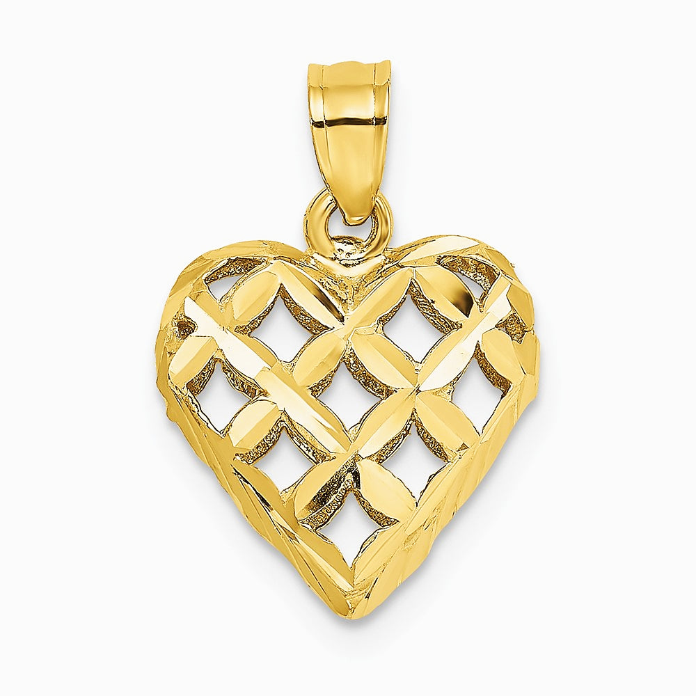 10K / 14K Yellow Gold 3-D Diamond-cut Filigree Puffed Heart Charm