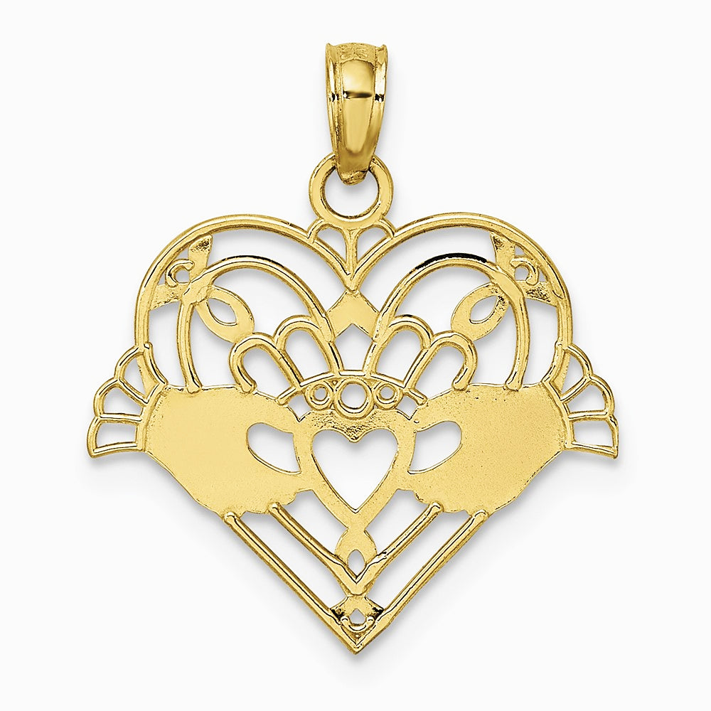 10K / 14K Yellow Gold Polished and Beaded Claddagh In Heart Charm - Product Photo