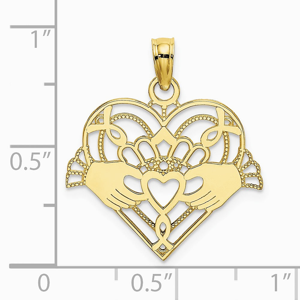 10K / 14K Yellow Gold Polished and Beaded Claddagh In Heart Charm - Product Photo