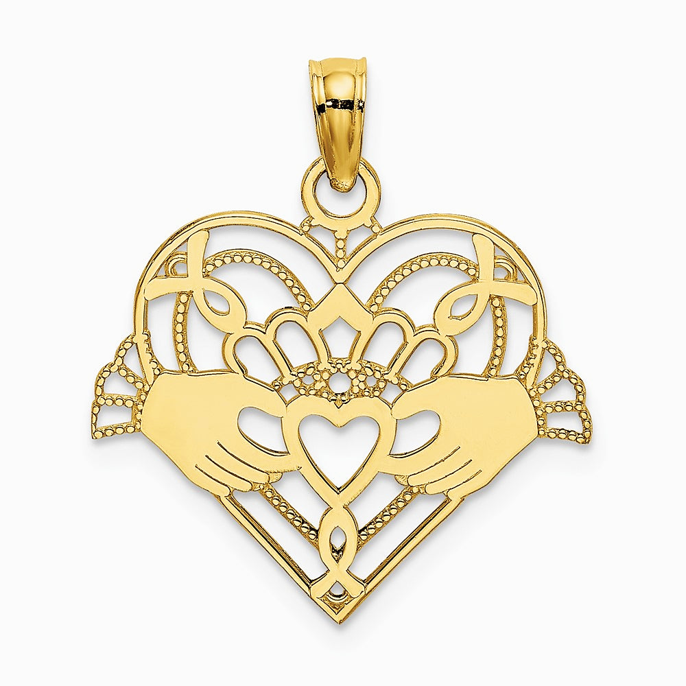 10K / 14K Yellow Gold Polished and Beaded Claddagh In Heart Charm