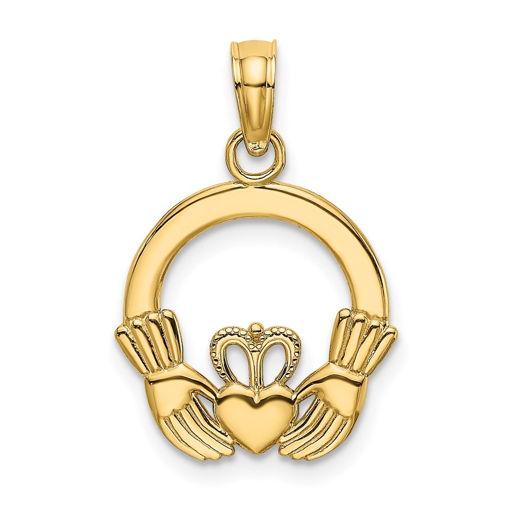 10K / 14K Yellow Gold Polished Textured Round Claddagh Charm - Product Photo
