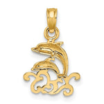 10K / 14K Yellow Gold Textured Mini Double Dolphins and Waves Charm - Product Photo