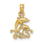 10K / 14K Yellow Gold Textured Mini Double Dolphins and Waves Charm - Product Photo