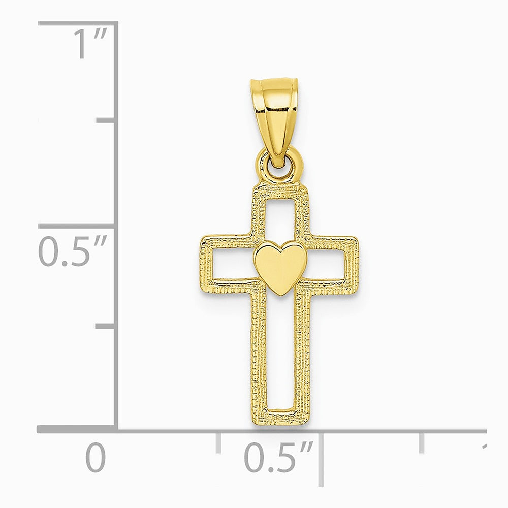 10K / 14K Yellow Gold Cut-Out Cross w/ Heart Charm - Product Photo