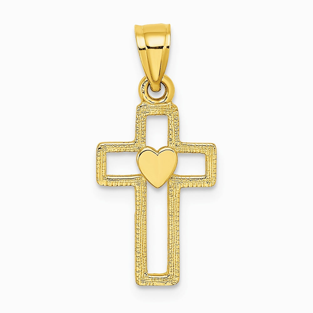 10K / 14K Yellow Gold Cut-Out Cross w/ Heart Charm