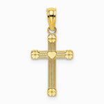 10K / 14K Yellow Gold Textured w/ Center Heart Small Cross Charm - Product Photo