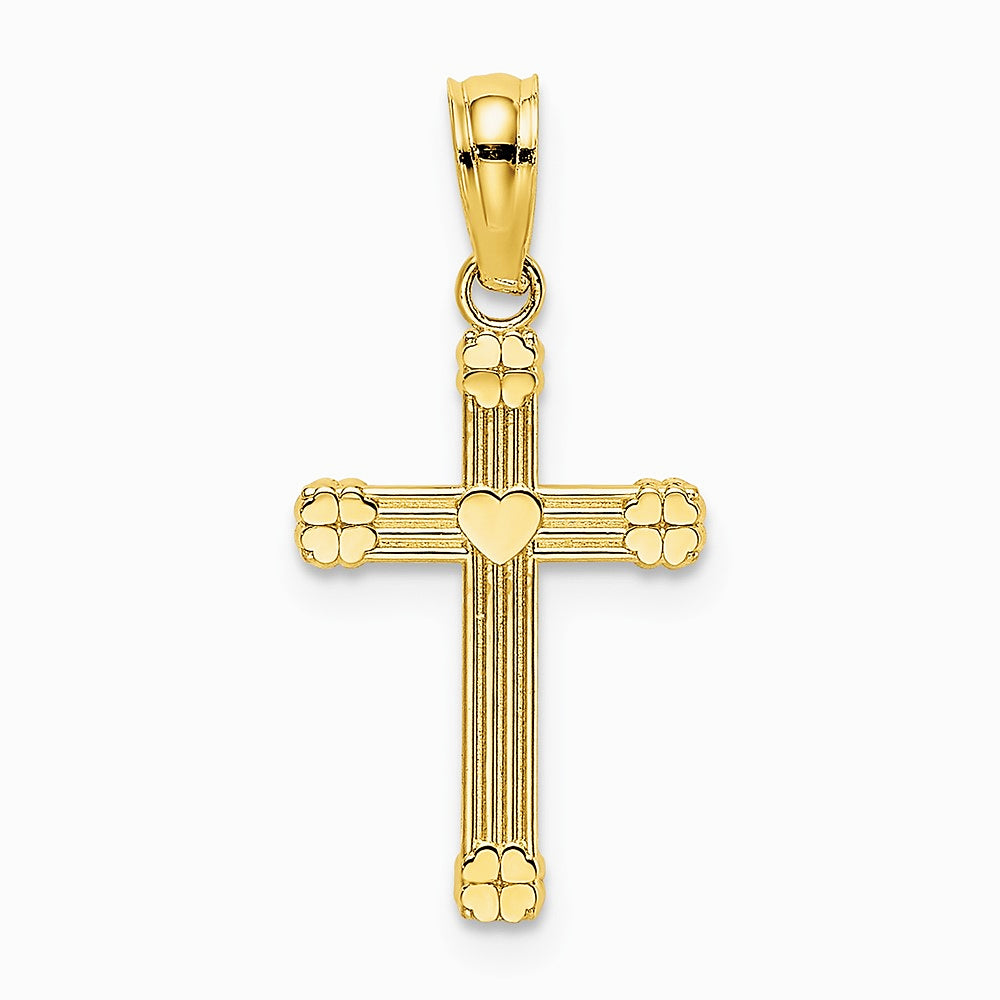 10K / 14K Yellow Gold Textured w/ Center Heart Small Cross Charm - Product Photo
