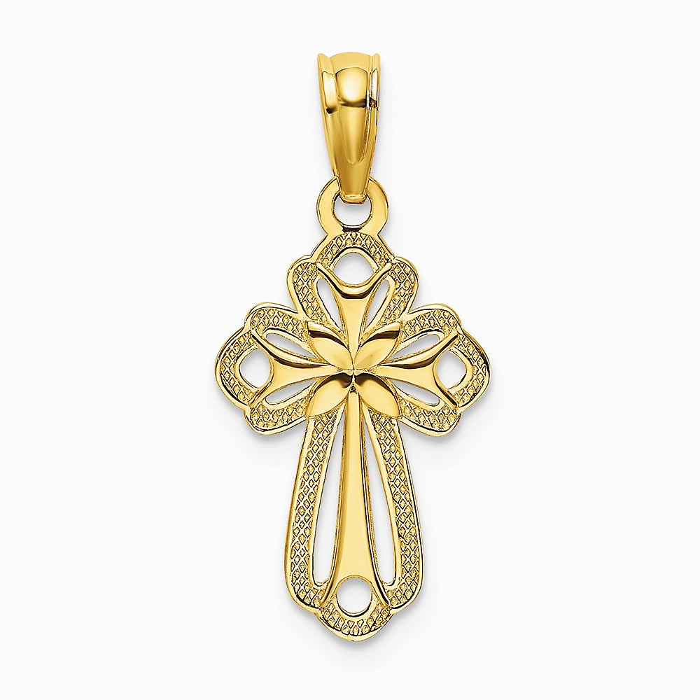 10K / 14K Yellow Gold Cut-Out Polished Textured Cross Charm - Product Photo