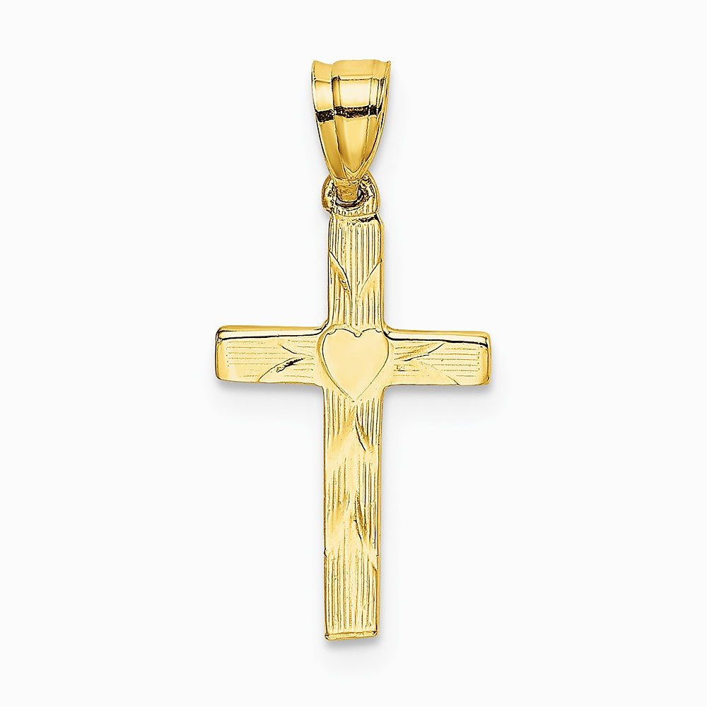 10K / 14K Yellow Gold Polished and Engraved Cross W/ Heart Center Charm