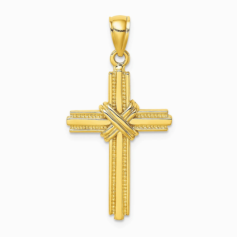 10K / 14K Yellow Gold Beaded Center Design Cross Charm - Product Photo