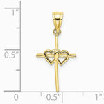 10K / 14K Yellow Gold Polished Double Hearts On Stick Cross Charm - Product Photo