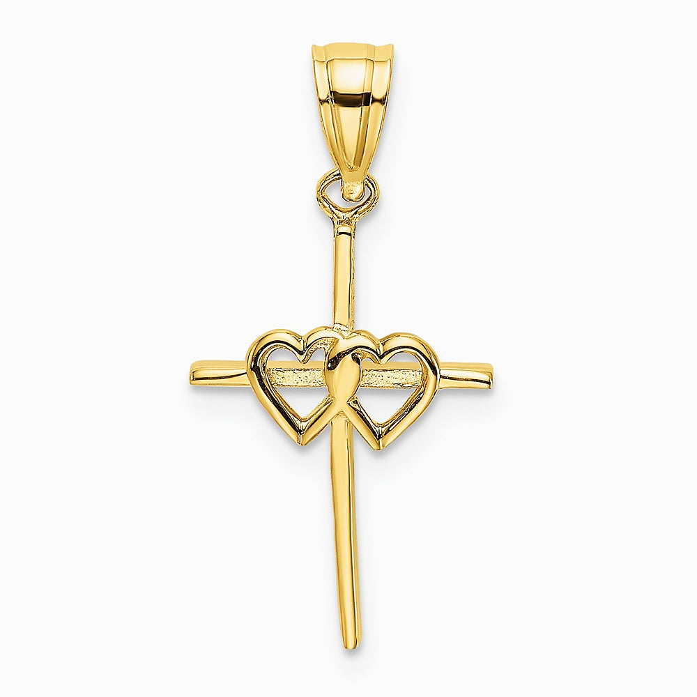 10K / 14K Yellow Gold Polished Double Hearts On Stick Cross Charm - Product Photo