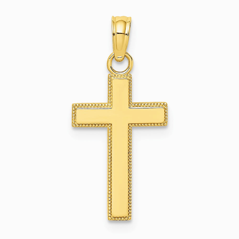 10K / 14K Yellow Gold Polished Block Style Beaded Edge Cross Charm - Product Photo