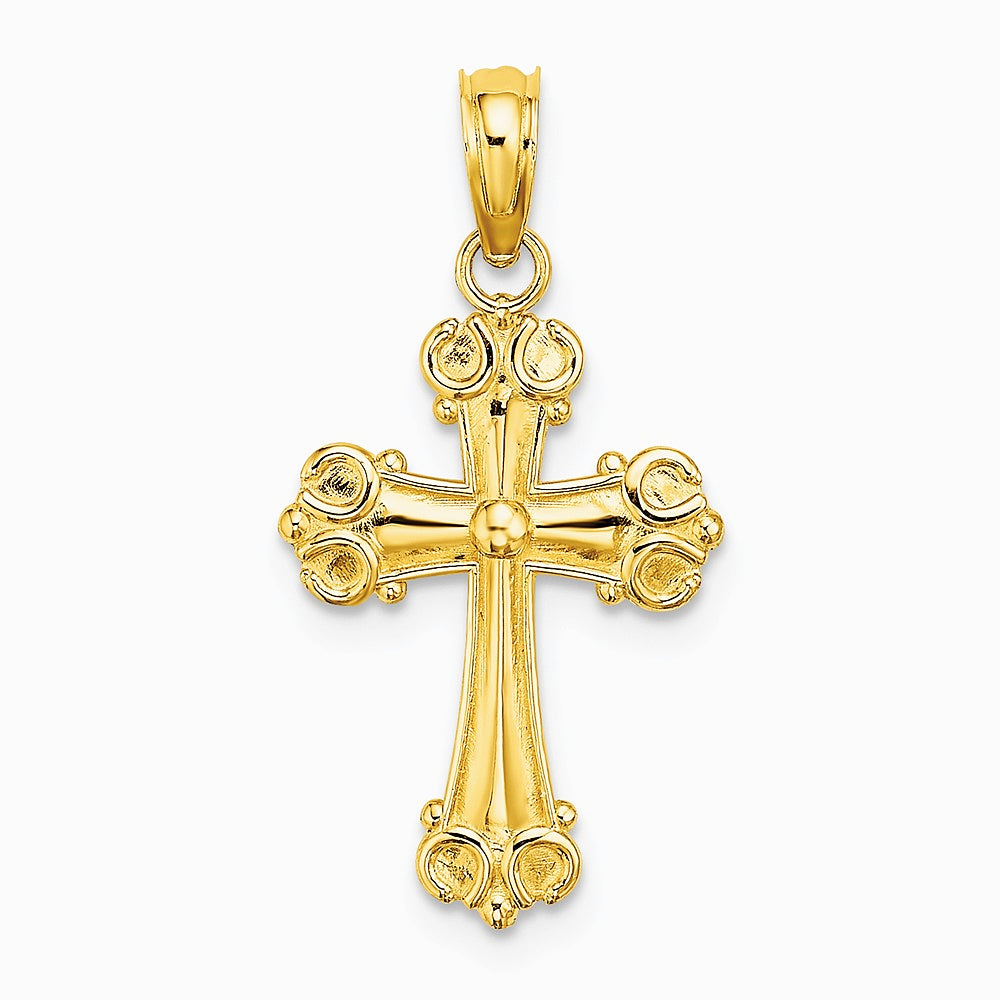 10K / 14K Yellow Gold Cross W/ Scroll Tips and Button Center Charm