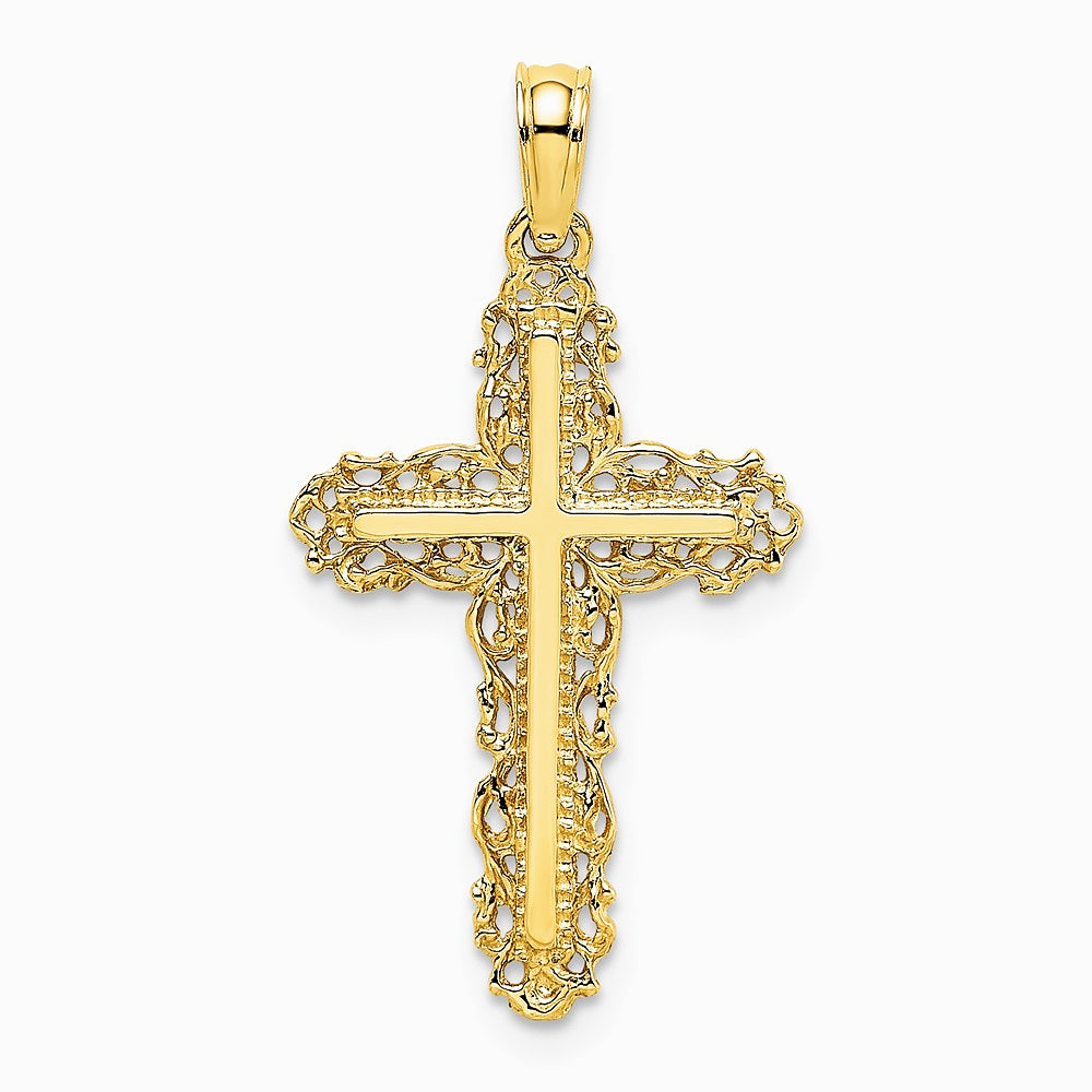 10K / 14K Yellow Gold Cross w/ Filigree Lace Trim Charm