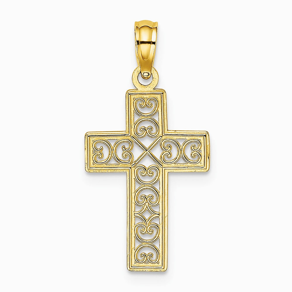 10K / 14K Yellow Gold Textured Lace Center Cross Charm - Product Photo