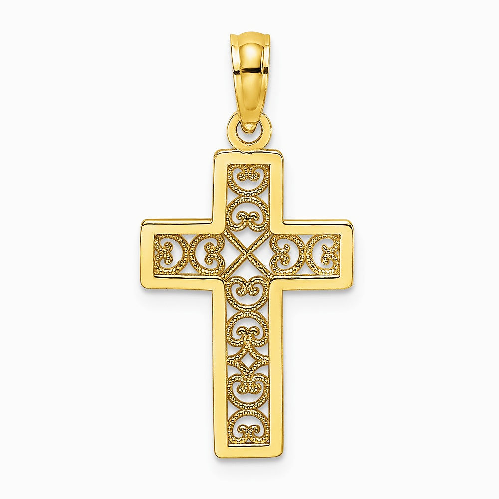 10K / 14K Yellow Gold Textured Lace Center Cross Charm - Product Photo