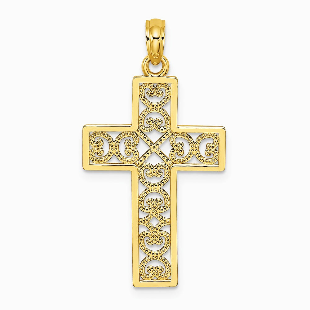 10K / 14K Yellow Gold Textured Lace Center Cross Charm