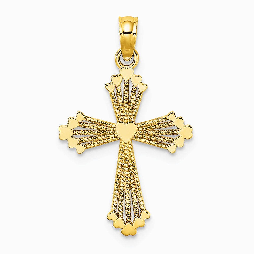 10K / 14K Yellow Gold Cut-Out Stripes Cross w/ Heart Charm - Product Photo
