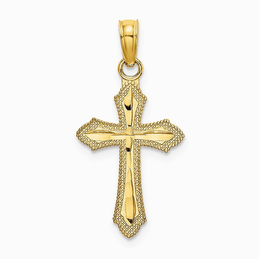 10K / 14K Yellow Gold Diamond-Cut w/ Beaded Edge Cross Charm