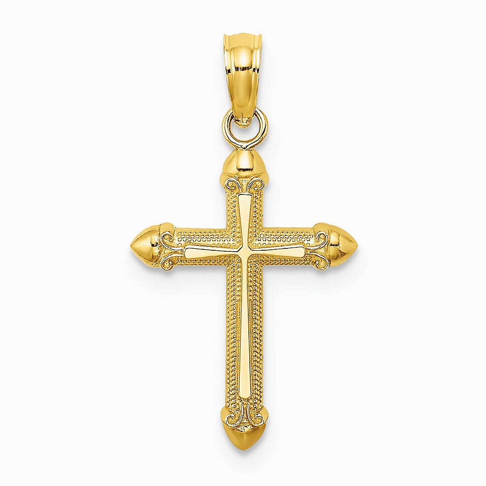 10K / 14K Yellow Gold Polished w/ Scroll Design Cross Charm - Product Photo