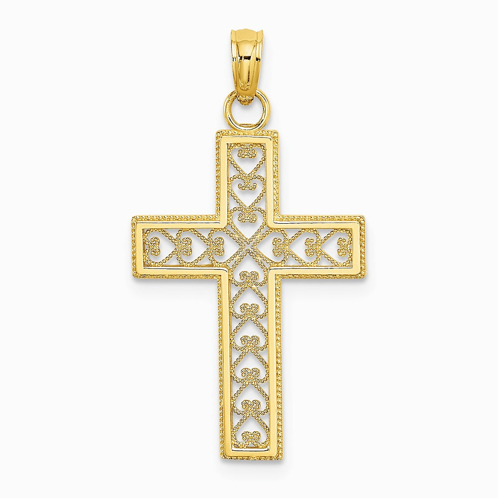 10K / 14K Yellow Gold Diamond-Cut Filigree Cross Pendant