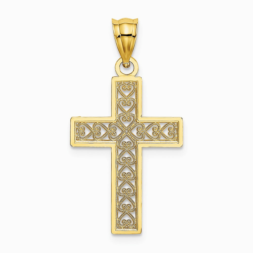 10K / 14K Yellow Gold Diamond-Cut Edge and Filigree Center Cross Charm - Product Photo