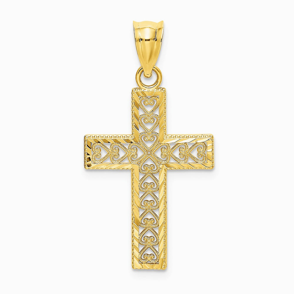10K / 14K Yellow Gold Diamond-Cut Edge and Filigree Center Cross Charm