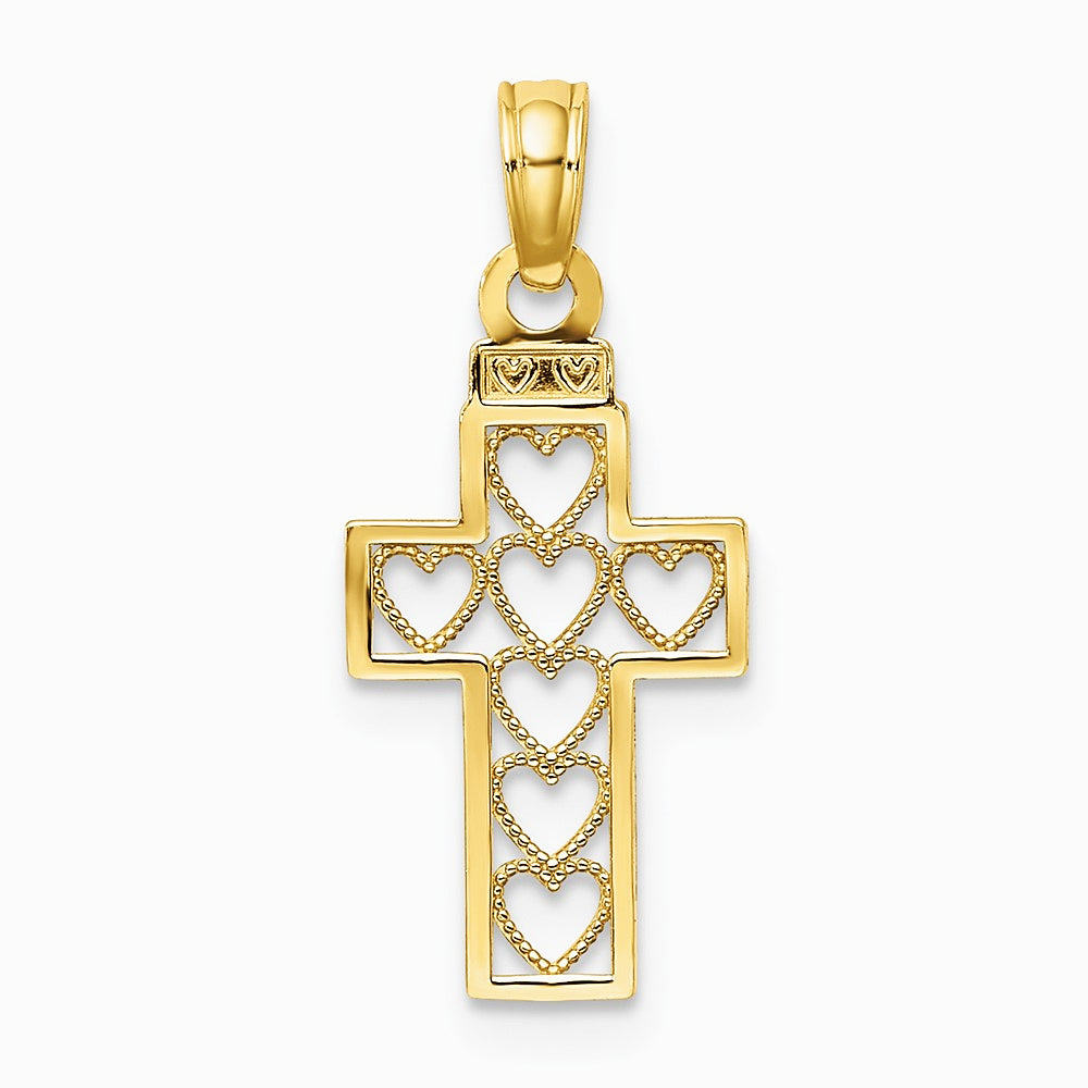 10K / 14K Yellow Gold Cut-Out Heart Design Cross Charm - Product Photo