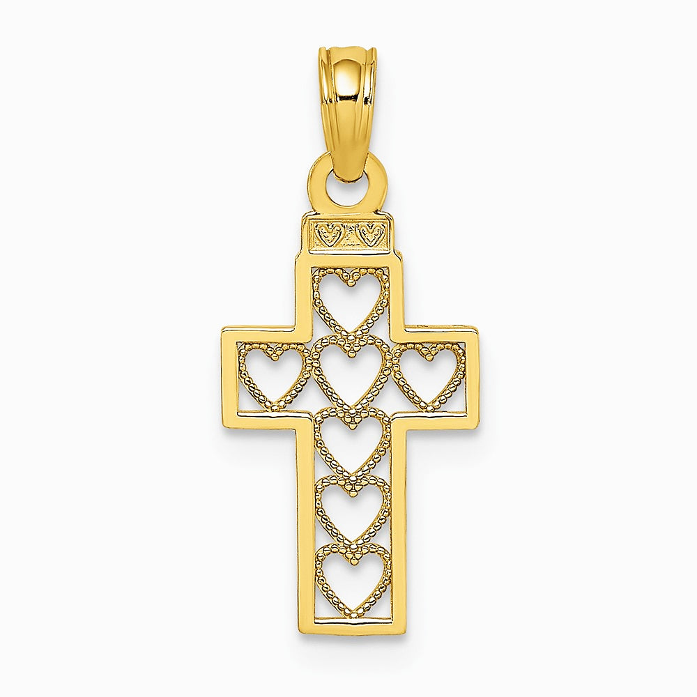 10K / 14K Yellow Gold Cut-Out Heart Design Cross Charm - Product Photo