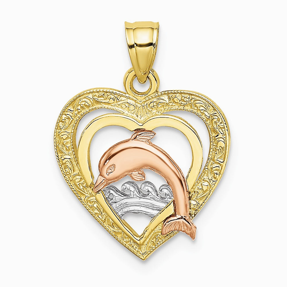 10K / 14K Two-tone with White Rhodium Dolphin In Heart Charm