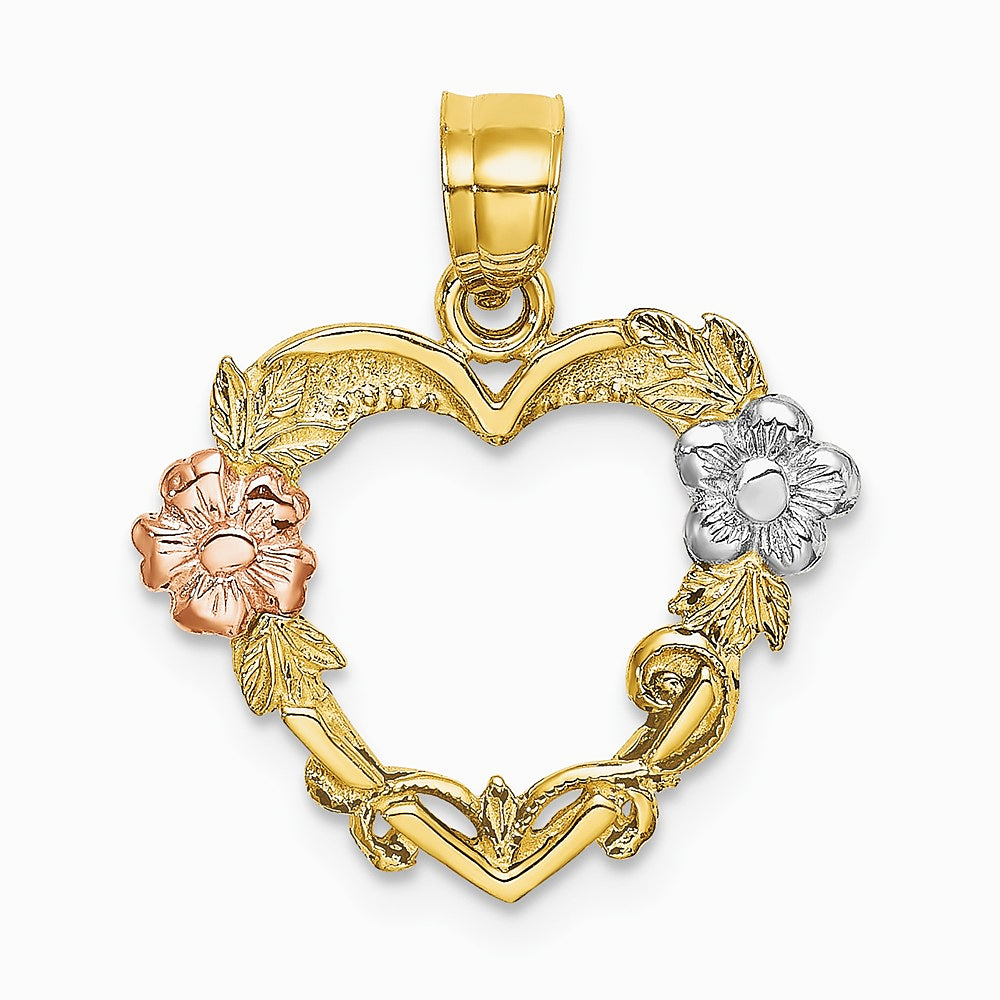 10K / 14K Two-tone with White Rhodium Flower In Heart Charm