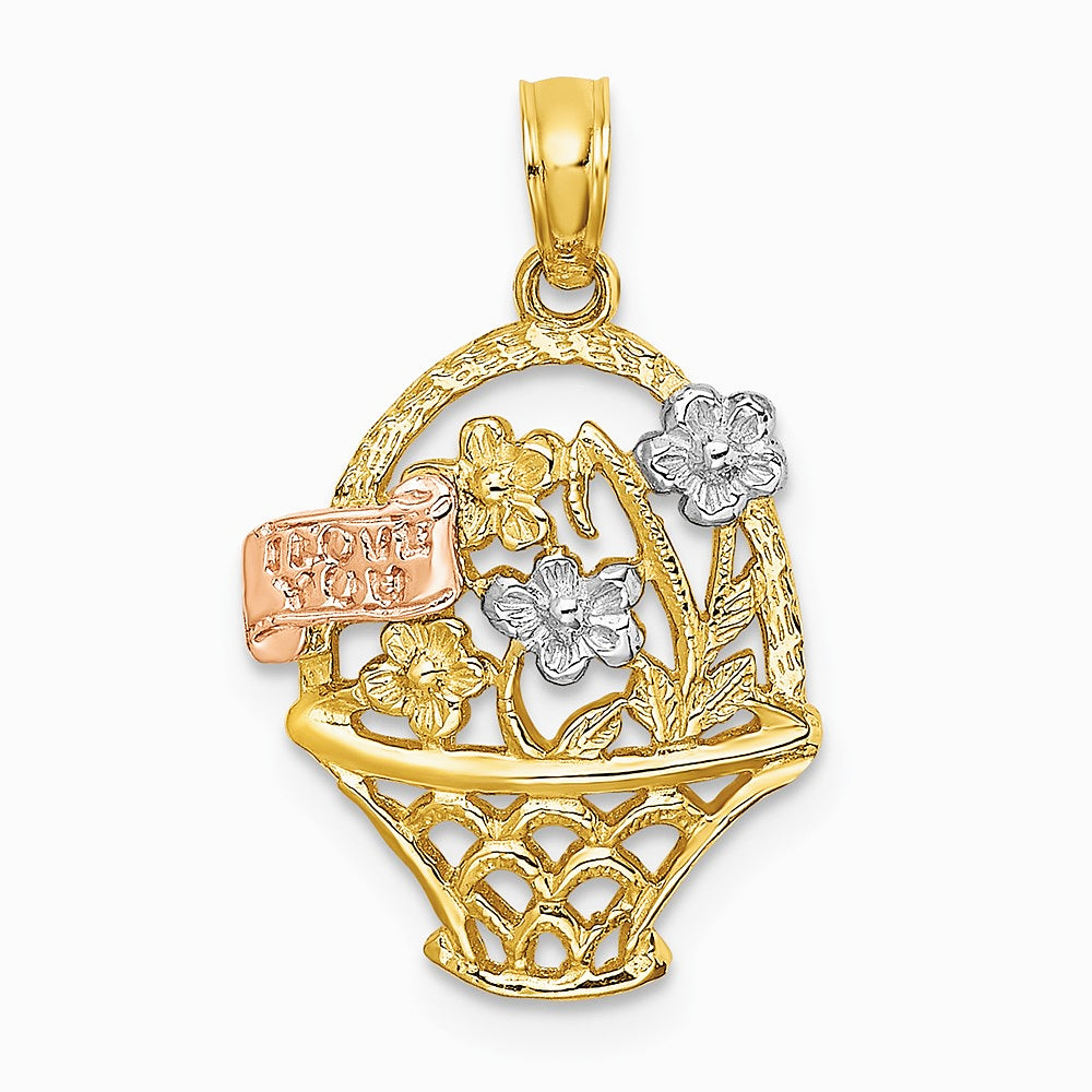 10K / 14K Two-tone with White Rhodium Flower Basket with I LOVE YOU Charm