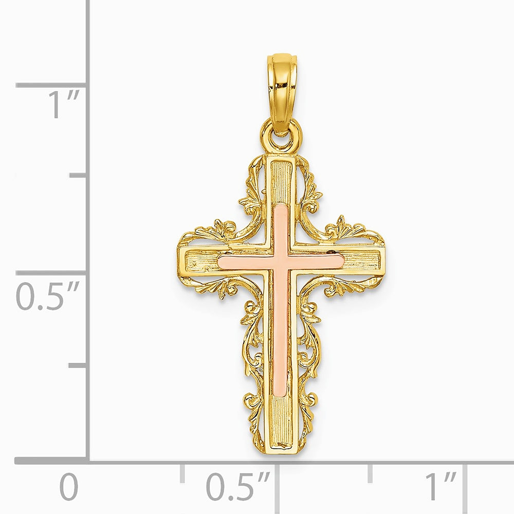 10K / 14K Two-tone w/ Lace Trim Cross Charm - Product Photo