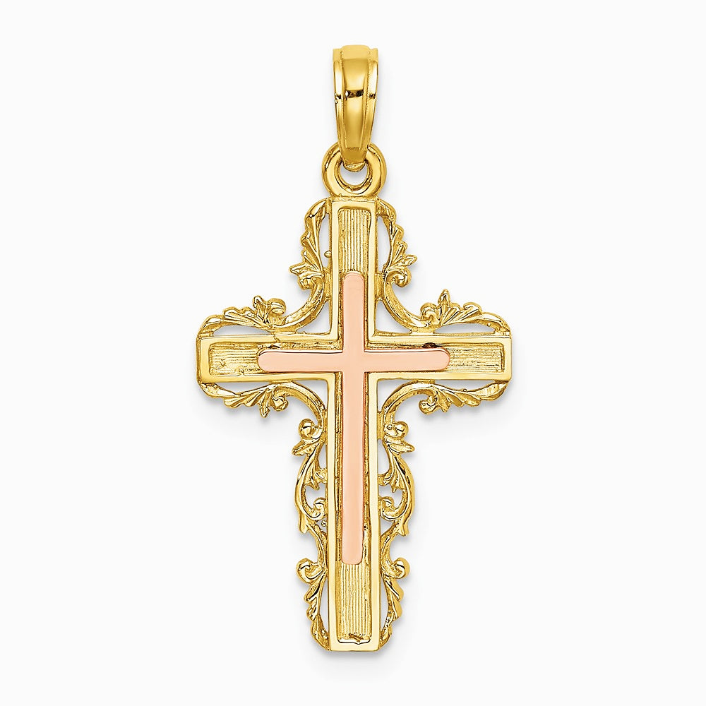 10K / 14K Two-tone w/ Lace Trim Cross Charm - Product Photo