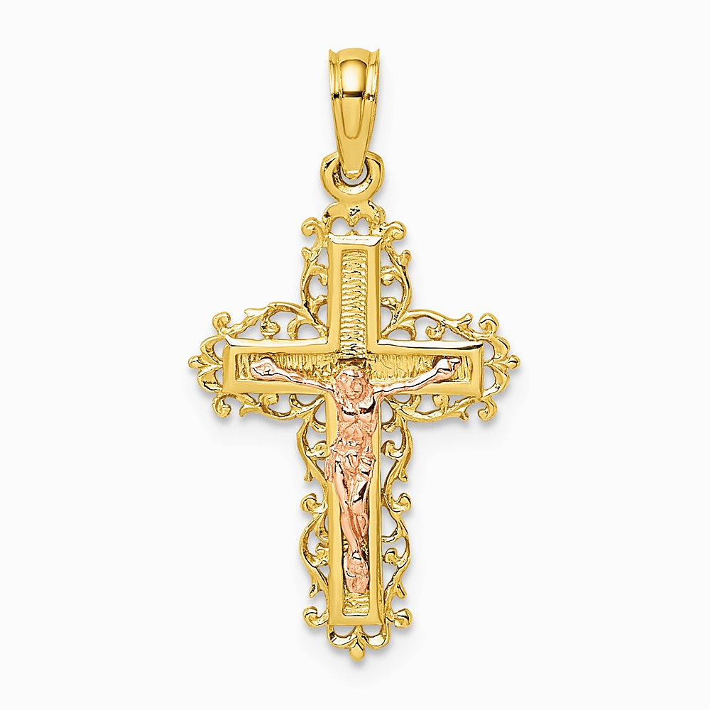 10K / 14K Two-tone Crucifix W/ Lace Trim Charm - Product Photo