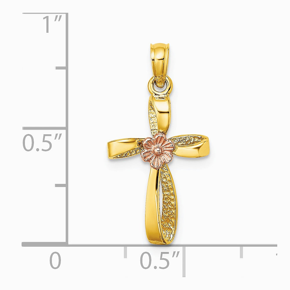 10K / 14K Two-tone Twisted Cross w/ Heart Charm - Product Photo