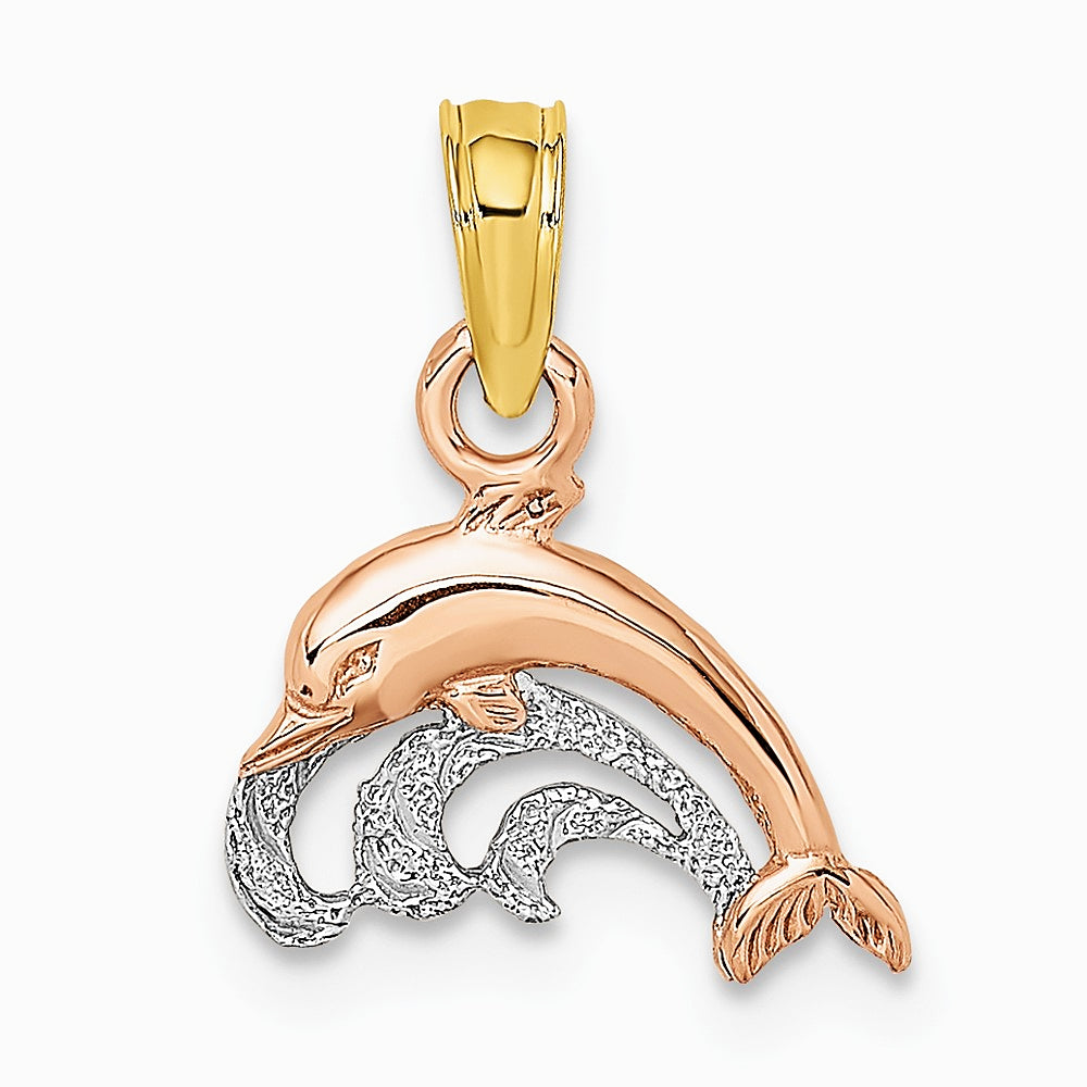 10K / 14K Two-tone W/White Rhodium Dolphin and Wave Charm