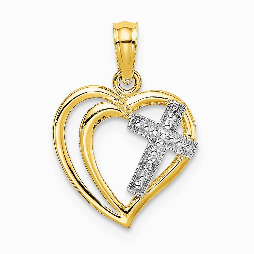 10K / 14K Yellow with Rhodium W/ Rhodium Cross In Heart Charm - Product Photo