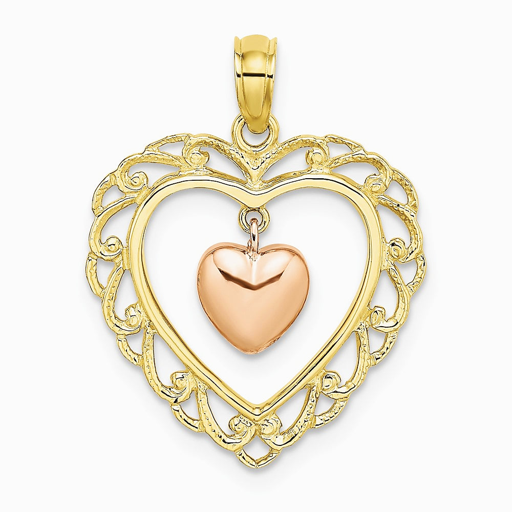 10K / 14K Two-tone Yellow and Rose Gold Polished Dangling Heart In Heart Charm