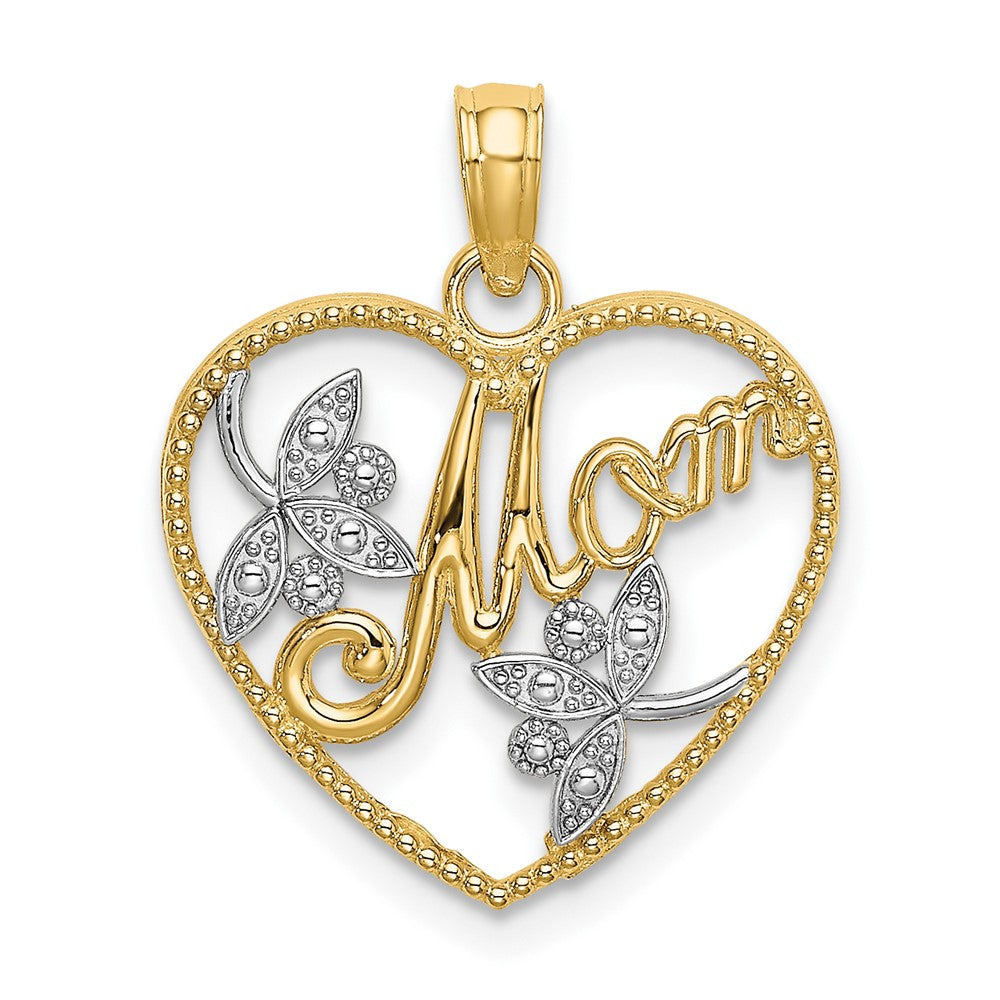 10K W/ Rhodium Beaded Heart W/ MOM Charm - Product Photo