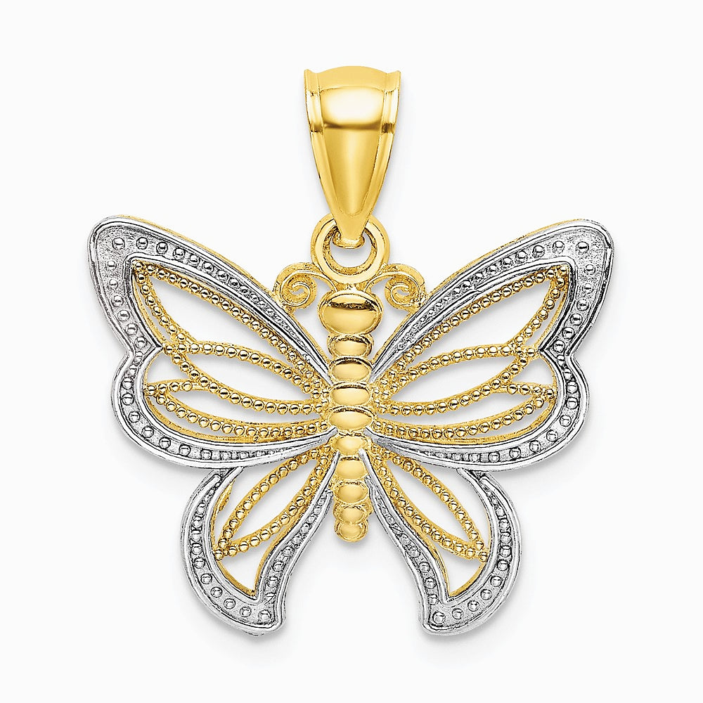 10K / 14K Yellow with Rhodium with Rhodium Butterfly W/ White Beaded Wings Charm - Product Photo