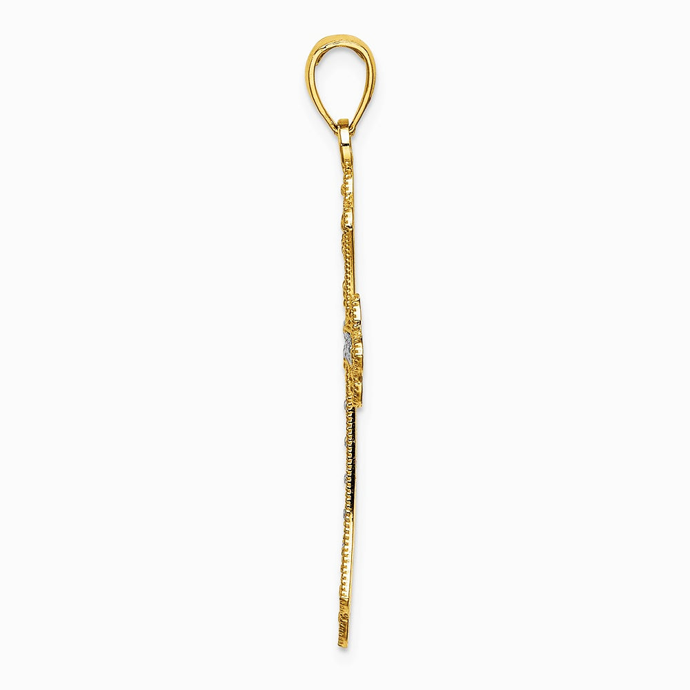 10K / 14K Yellow with Rhodium W/ Rhodium Scalloped Edges Cross Charm - Product Photo