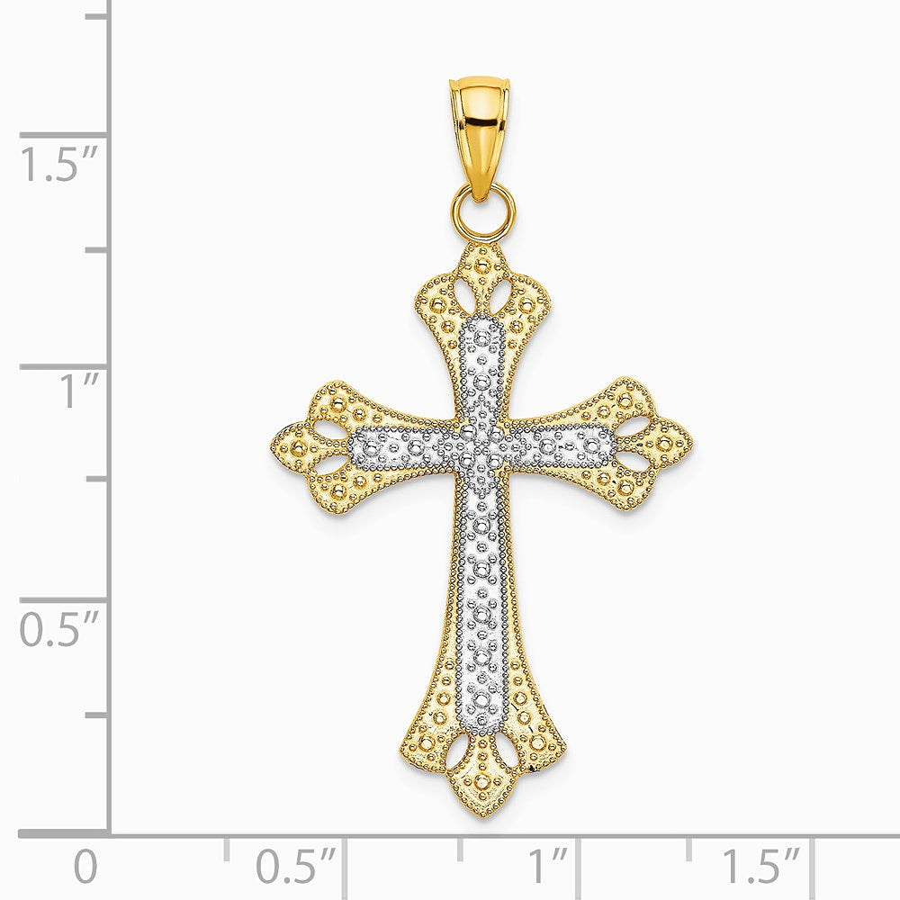 10K / 14K Yellow with Rhodium W/ Rhodium Scalloped Edges Cross Charm - Product Photo