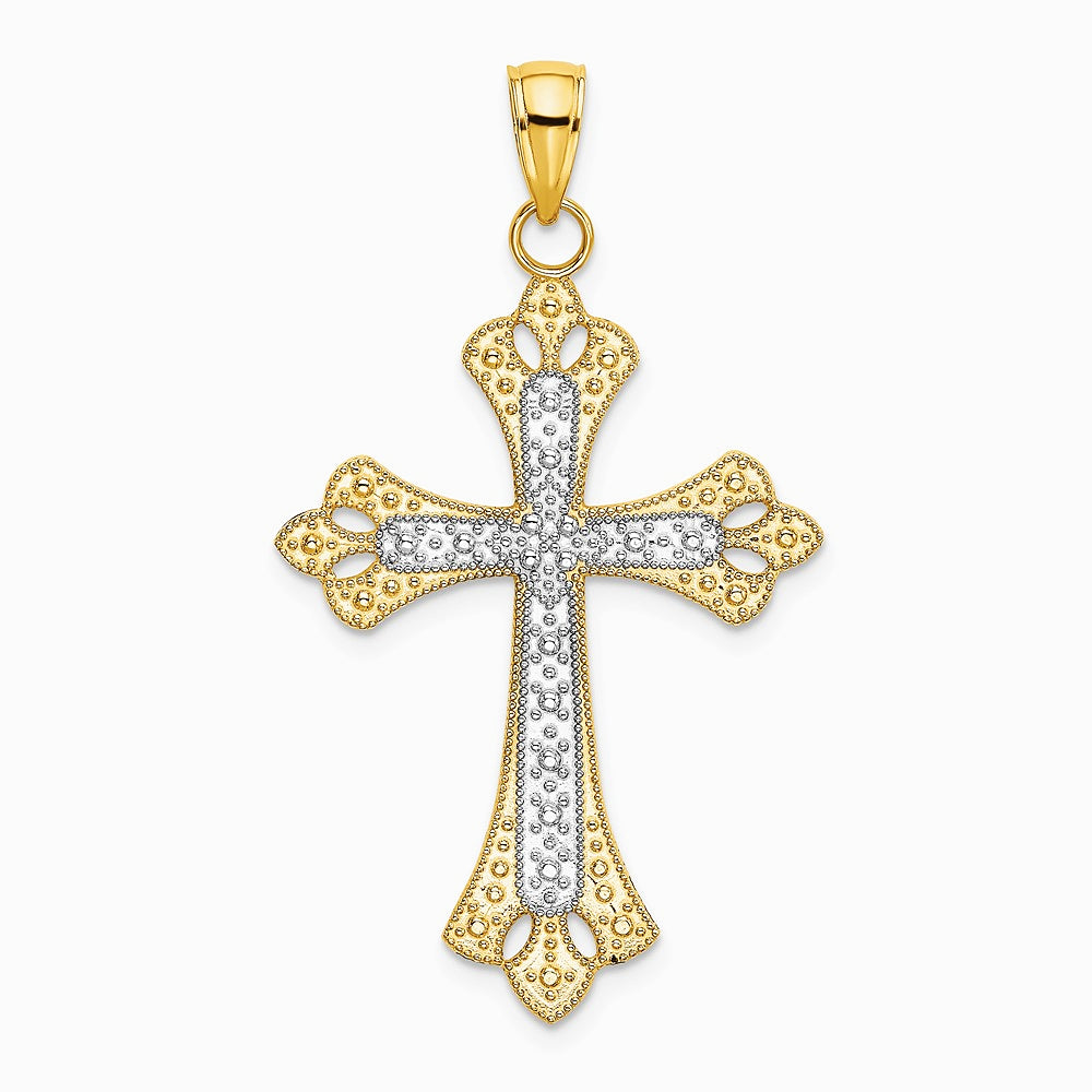 10K / 14K Yellow with Rhodium W/ Rhodium Scalloped Edges Cross Charm - Product Photo