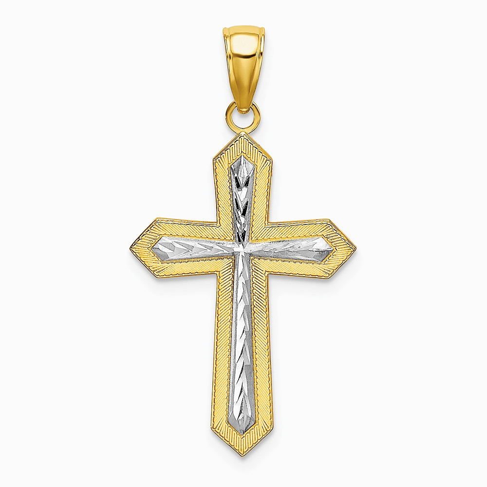 10K / 14K Yellow with Rhodium w/ Rhodium Diamond-Cut Cross Pendant - Product Photo