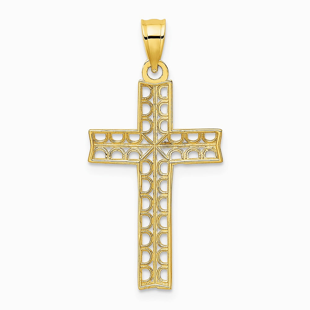 10K / 14K Yellow with Rhodium w/ Rhodium Diamond-Cut Filigree Cross Pendant - Product Photo