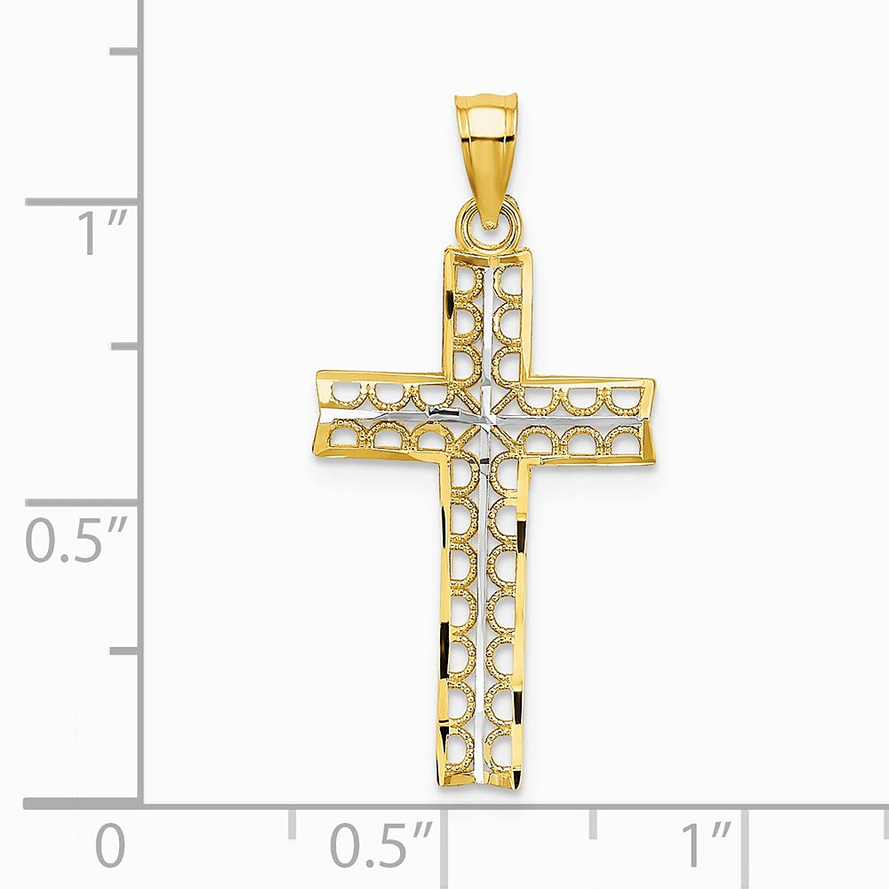 10K / 14K Yellow with Rhodium w/ Rhodium Diamond-Cut Filigree Cross Pendant - Product Photo